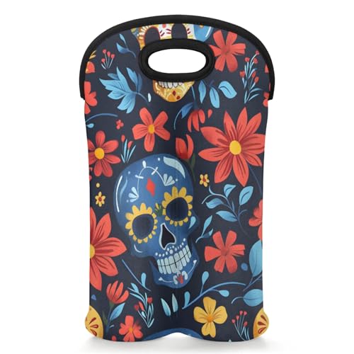GzLeyigou 2 Bottles Sugar Flowers Skull Wine Bag Sleeve Totes Neoprene Protective Wine Carrier Bag for Wine,Water, Champagne, Beer, Baby Bottles,Gift 14.5 x 10 Inches