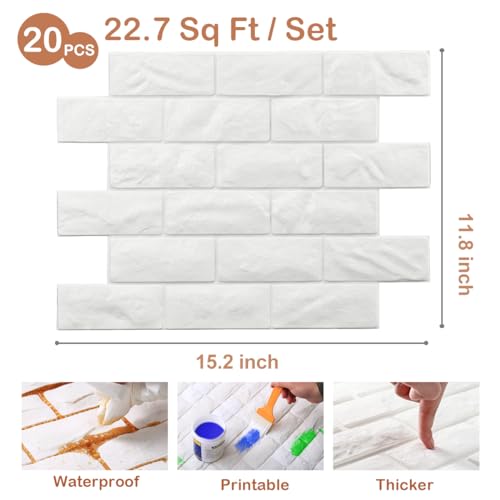 Image of 20 Pieces 3D Wall Panels, White Brick Printable 3D Wallpaper Stick and Peel, Self-Adhesive Waterproof Foam Faux Brick Sconce for Bedroom, Bathroom, Kitchen, Fireplace (2.1 m Coating)