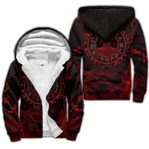 Norse Mythology Fleece Hoodies for Men Viking Tattoo Winter Thick Jackets Sherpa Lined Zip up Sweatshirt with Kanga Pocket