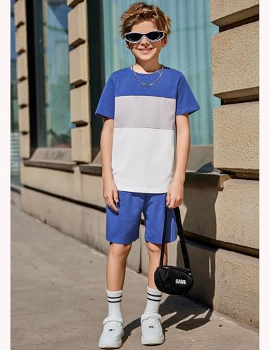 Image of Arshiner Boys' 2-Piece Cotton Outfit Color Block T-Shirt and Shorts Set Summer Camo Clothes for Kids 5-14 Years
