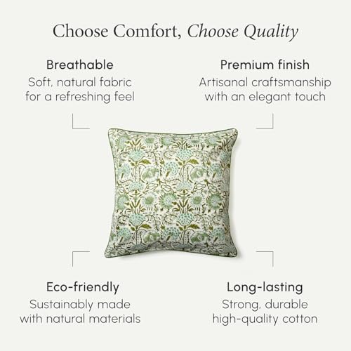 CPC 100% Cotton Throw Pillow Covers 16X16 Green Block Print Pattern Couch Pillow, Cute Boho Decorative Pillows for Living Room, Bedroom with Hidden Zipper- Coral Pink