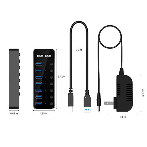 RSHTECH USB 3.0 Hub Powered 7 Port USB Data Hub Extender Aluminum USB Splitter with Individual On/Off Switches and Universal 5V AC Adapter, 3.3ft USB 3.0 Cable(RSH-518-7) - Thumbnail 6