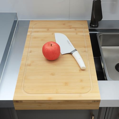 BAMOTTO CRAFTBAMBOO 12.6x22 Inch Bamboo Cutting Board & Sink Cover, Reversible Board with Dual Juice Grooves & Detachable Front Lip for Counter Edge Grip, Over Sink for Compact Kitchen