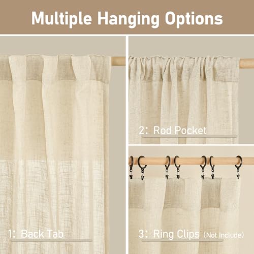 LAMIT Semi Sheer Beige Linen Curtains 36 Inch Length 2 Panels, Light Filtering Panels Back Tab and Rod Pocket Neutral Drapes for Bathroom/Kitchen/Loft Room, 25 x 36 Inch