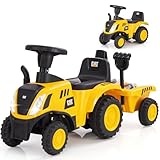 COSTWAY Kids Ride on Tractor, Licensed Caterpillar Push Car with Detachable Trailer, Horn, LED Lights, Rake & Shovel, Foot to Floor Sliding Toy for Toddlers 12-36 Months
