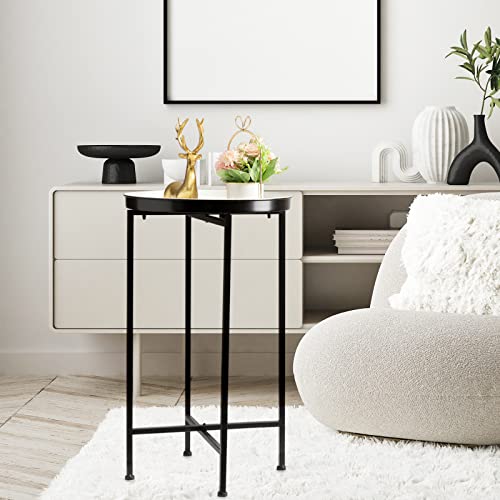 Teokj Black Accent Table, Folding Round Black Metal Side Table With Tray Top Waterproof Small Nightstand Circle End Table For Bedroom Living Room Small Spaces 25.75 Inch Black + White #TOP4