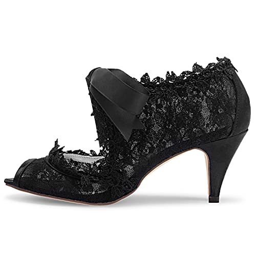 JIAJIA Women's Bridal Shoes 5949419 Peep Toe 2.6" Cone Heel Lace Satin Pumps Ribbon Tie Wedding Shoes3
