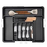 DHSUN Bandeja de cubiertos extensible para cajones de 50, insertos de cajón de cocina, inserto de cajón de cubiertos, ancho ajustable de 33,5 a 56 cm, bandeja de cubiertos extensible con 2 bloques de