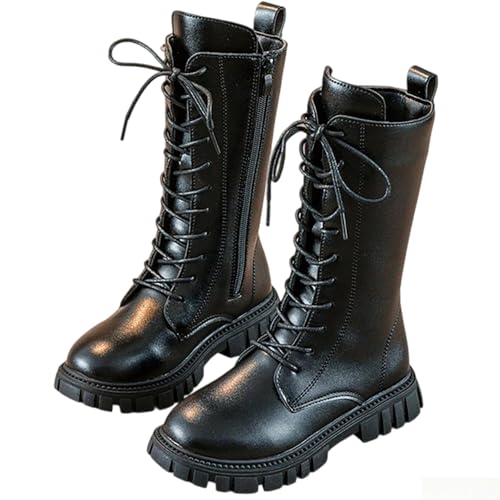 Girls Fashion Girls Boots Lace Up Combat Riding Booties Mid Calf Side Zipper PU Leather Shoes Punk Goth Boot 4-11 Years