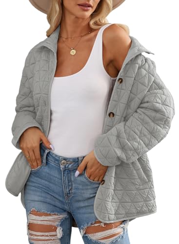 EVALESS Women's Puffer Quilted Jacket 2026 Fashion Trendy Casual Lightweight Fall Warm Winter Long Sleeve Button Down Open Front Jacket Outwear Coat,Light Grey Medium