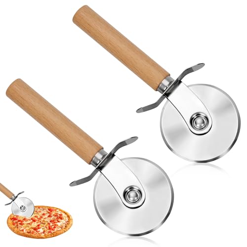 Pizza Cutter Wheel, 2 Pieces Stainless Steel Kitchen Pizza Cutter Pizza Slicer with Wooden Handle and Sharp Blade Pizza Knife Pizza Accessories Pizza Tools with Finger Protection Multifunctional