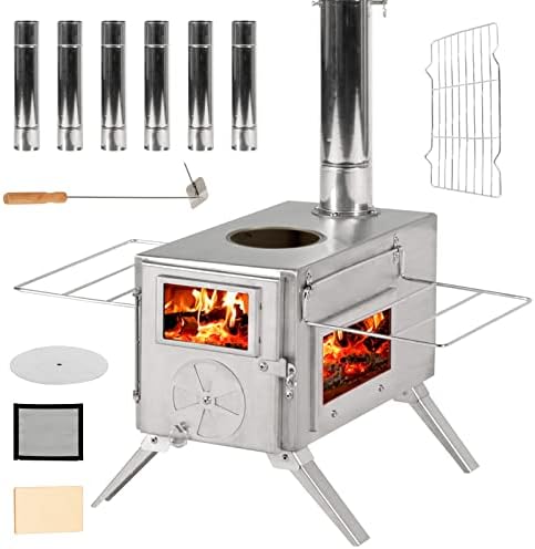GRAVFORCE Camping Hot Tent Stove, Portable Wood Burning Stove for Outdoor, Stainless Steel Small Camping Stove with Sectional Chimney Pipes & Tent Stove Jack for Heating and Cooking, Backpacking