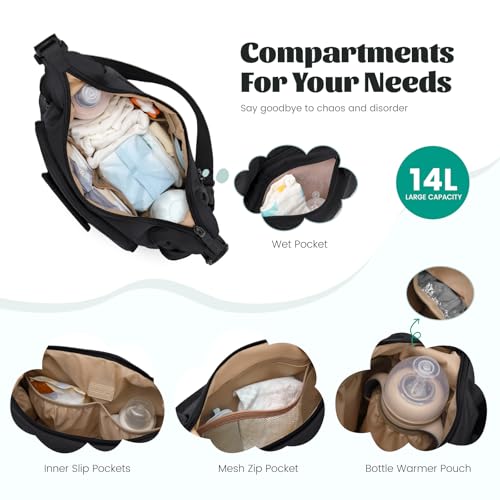 GOLF QUALITY Torba na pieluchy 14 l, torba na pieluchy o dużej pojemności, torba szpitalna crossbody dla mamy, czarna