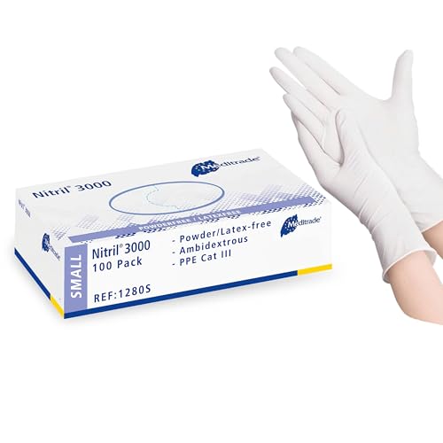 Meditrade Nitril® 3000 weißer Untersuchungshandschuh – Puder- und latexfreie Einweg-Untersuchungshandschuhe – Geeignet für mehrere Bereiche – Größe S – 100 Stück