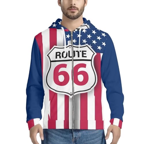 HUIACONG American Flag Hoodies for Men Zip Up 66 Route Sweatshirts Hooded Sweatshirts with Pockets Lightweight Jackets Big and Tall Small Casual Jacket for Mens Active Wear XL