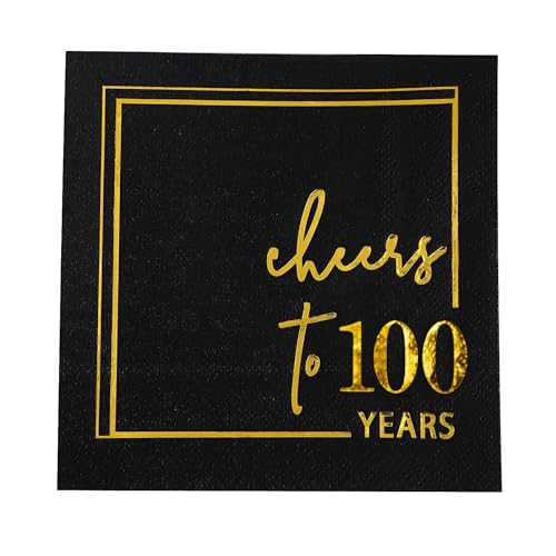 Cheers to Years Cocktail Napkins - 50 PK - 3-Ply Birthday Napkins 5x5 Inches Disposable Party Napkins Beverage Paper Napkins or Birthday Decorations Wedding Anniversary Black and Gold (100 Years)