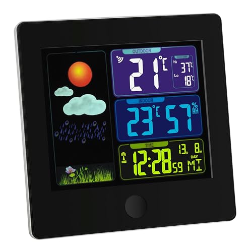 TFA Dostmann Sun Funk-Wetterstation, 35.1133.01 Wettervorhersage mit Farbdisplay Raumklimakontrolle, Schwarz, L 120 x B 25 (70) x H 120 mm