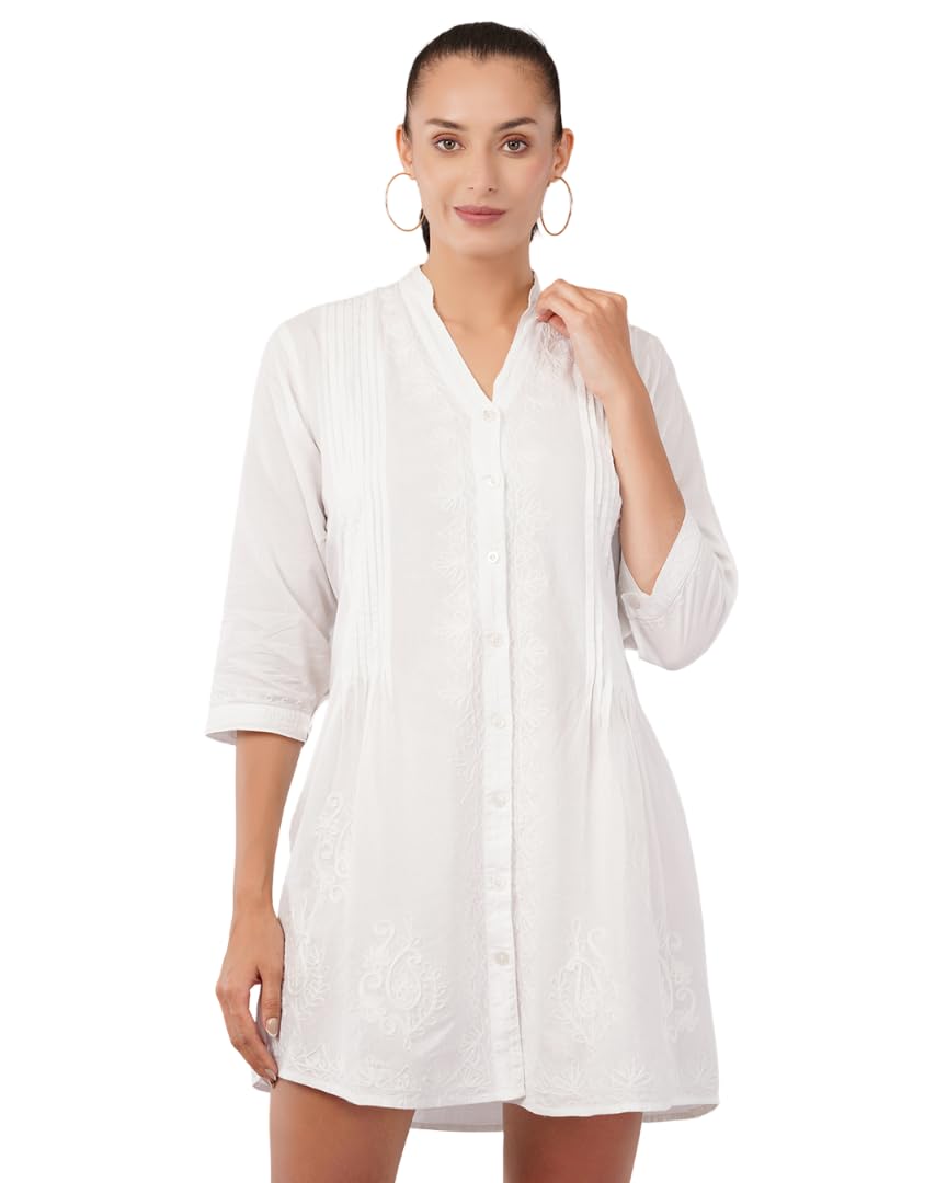 Women's White Cotton Button-Down Tunic Dress, 3/4 Sleeves, V-Neck, Embroidered-picture-40
