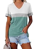 ORANDESIGNE Women's Color Block Short Sleeve T Shirts Casual V Neck Summer Tops Tees Loose Fit Blous