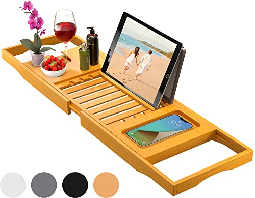 AMAZON - Bambüsi Bamboo Bathtub Tray Caddy – Adjustable Bath Tray for Tub, Bath Accessories, Tub Caddy – Unique Housewarming Gift, New Home, Anniversary & Wedding Gifts for Couple, Bridal Shower Gift for Women