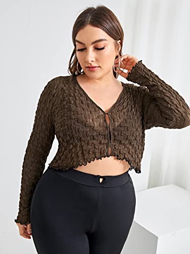 Floerns Women's Plus Size V Neck Lettuce Trim Long Sleeve Mesh Crop Top T Shirt3