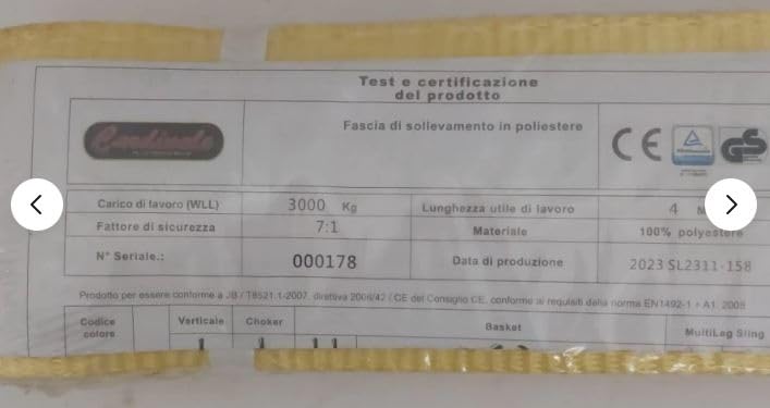 FASCIA DI SOLLEVAMENTO CARICO IN POLIESTERE DA METRI 4 CON PORTATA DI 3000 KG SINGOLA - 6000 KG DOPPIA
