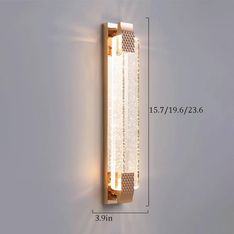 Gold LED Wall Sconce with Bubble Crystal Stick Wall Light Modern Bathroom Vanity Wall Lamp, Three-Color Dimmable,Exterior Flush Fixture,for Stairs Hotel Villa Cafe Office Courtyard(15.7in)