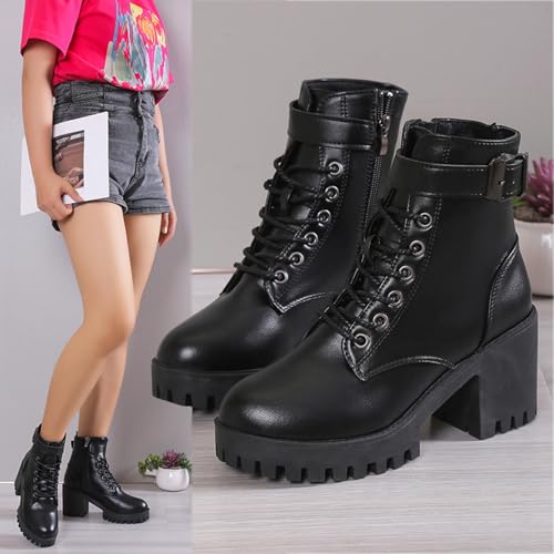 Optigard Women's Black Lace Up Chunky Heel Combat Boots Non-slip Lug Sole Side Zipper High Heel Ankle Boots with Buckle Strap Platform Goth Booties3