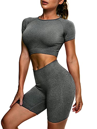 LOGEEYAR Nahtloses Yoga-Workout-Set für Frauen, 2-teiliges Sport-Shorts, Trainingsanzüge, athletische Outfits - Grau - Small Cover