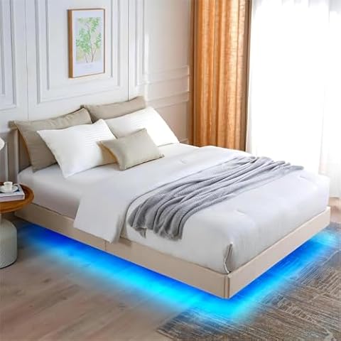 GAZHOME Full Bed Frame with LED Lights, Modern Upholstered Platform Bed Frame no Headboard, Full Size Led Bed,No Box Spring Needed, Easy to Assemble,Antique White Cover