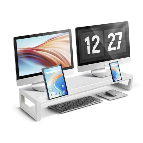 DEEDRR Dual Monitor Stand Riser – 28-Inch Computer Monitor Stand with Multifunctional Slot for 2 Monitors, Multi-Purpose Desktop Storage for Laptop, Printer, TV