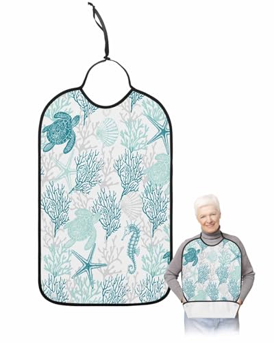 LEOKOTI Turquoise Coastal Adult Bibs for Eating, Waterproof Bibs with Food Catcher & Adjustable Snap Closure, Sea Turtle Nautical Coral Summer Beach Washable Clothing Protectors Adult Bibs for Elderly