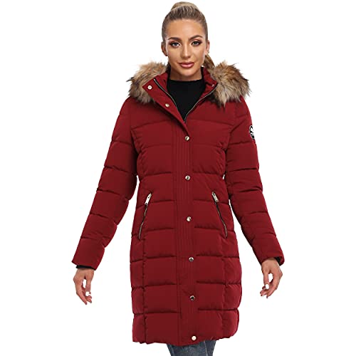 Womens Hooded Parka Winter Coats, Molemsx Outwear Stylish Down Alternative Heated Padded Mountain Insulated Windproof Mid Length Team Jacket with Removable Fur Upper East Side Jacket Women Wine Red L
