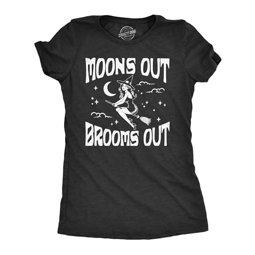 Womens Moons Out Brooms Out T Shirt Funny Halloween Witch Flying Broomstick Joke Tee for Ladies Funny T Shirts Halloween Tops for Women Cool Sarcastic Top Black - L