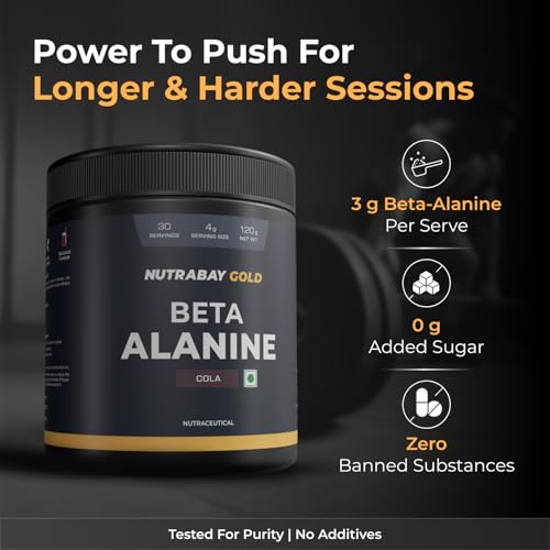 Image of Nutrabay Gold Beta Alanine Supplement Powder 120g, Cola Flavor - Pre Workout Amino Acid for Endurance & Fatigue Reduction