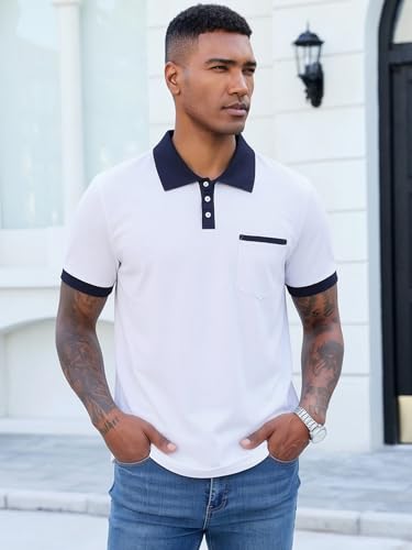 Image of Men's Casual Polo Shirts Summer Short Sleeve Contrast Collar Buttoned Tee Polo Shirt with Pocket