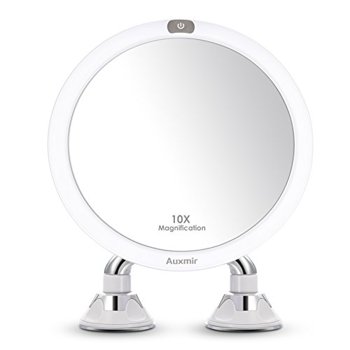Auxmir Miroir Grossissant Lumineux LED, Miroir Grossissant x10 avec 2 Ventouse, Miroir Maquillage LED de Voyage, Rotation à 360°, Idéal pour Le Maquillage des Femmes