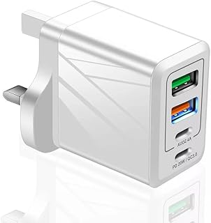 vonns 4 Ports (2 USB C Type PD and 2 USB 3.0) Total 36w QC Fast Charging UK Wall Charger for mobile devices, phones and tablets, Android, Samsung, iPhone, etc - White