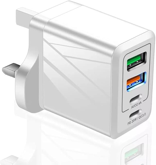 vonns 4 Ports (2 USB C Type PD and 2 USB 3.0) Total 36w QC Fast Charging UK Wall Charger for mobile devices, phones and tablets, Android, Samsung, iPhone, etc - White