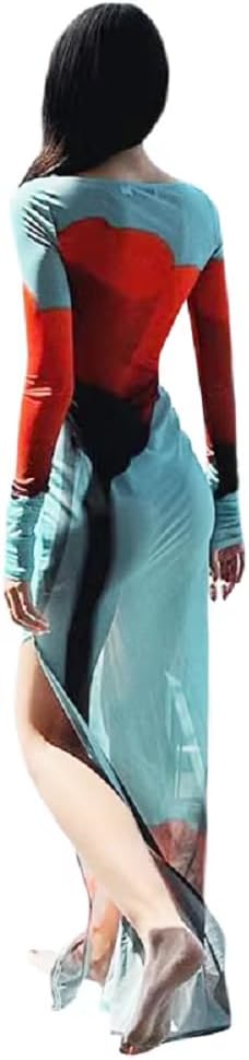 Women's Sexy Mesh Sheer Floral Print Maxi Dress Long Sleeve See Through Split Bodycon Party Club Cover Up Dresses - Image 2