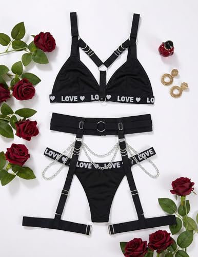 Image of Alrovetoney Sexy Lingerie Set For Women With Garter Belt 5 Pieces Strappy Bra and Panty Set Adjustable With Chain