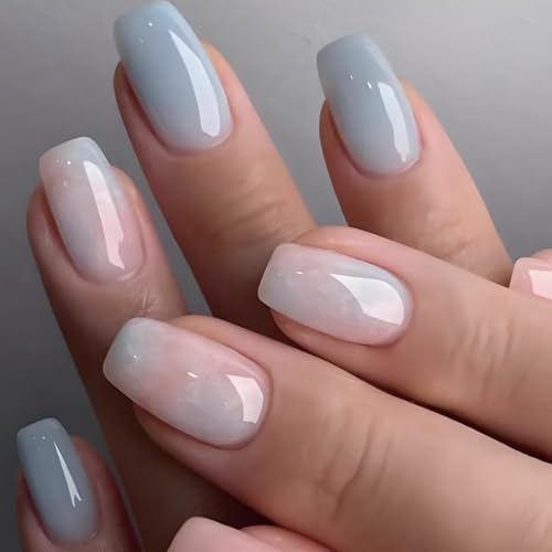 24 PCS Soft Baby Blue Press on Nails - Short Square Pastel Gradient Ombre - Glossy Finish Full Cover Natural Look Fake for Women High Gloss Finish Fresh Spring Summer Nail Style
