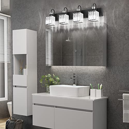 Image of Ralbay Matte Black Crystal Vanity Light 4 Light Modern Crystal Bathroom Lighting Fixtures Over Mirror, Crystal Black Bathroom Vanity Light