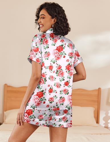 Image of Ekouaer Womens Silk Satin Pajama Sets Soft Short Sleeve Button Down Sleepwear Top and Shorts 2 Piece Pjs Lounge Set,Floral White Red,M