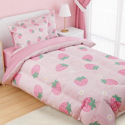 Image of SANDJEST Strawberry Comforter Set Twin Size 68x86in for Kids Girls, Microfiber 3 Pcs Bedding Set Includes 1 Comforter, 1 Pillowcase, 1 Fitted Sheet, Nursery Room Decor