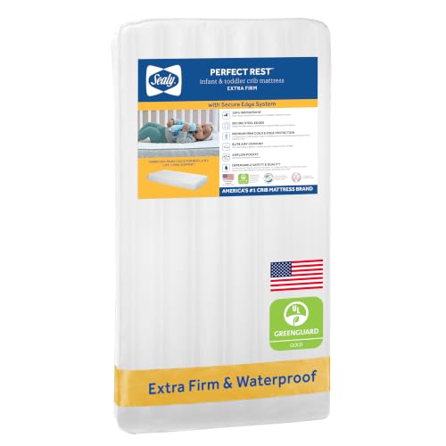 Image of Sealy Baby Perfect Rest Waterproof Crib Mattress plus Toddler Bed Fit, Premium 150 Extra Firm Coils, Non Toxic, Airy Cushioning, GREENGUARD Gold Certified, Safety & Quality Tested, Made in USA, 52X28"