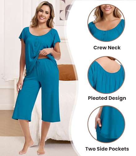 Image of NACHILA Bamboo Viscose Pajamas for Women Cooling Capri Pjs Short Sleeve Set