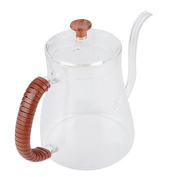 Gooseneck Kettle, Heat Resistant Glass+Wood Explosion Proof Thickened Ergonomical Tea Pour Over Kettle for Coffee Shop for Office