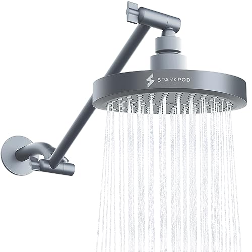 SparkPod Round Rain Shower Head with Extension Arm - Height Adjustable Shower Head with High Pressure Performance - Easy 1-Minute Installation (6" Round, Charcoal Grey)
