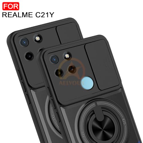 Image of Realme C21Y / C25Y Back Cover | Armor Camera Slider 360 Degree Rotating Finger Ring Holder Case with Bracket Stand Back Case Cover (Compatible with MagSafe Accessories) (Black)